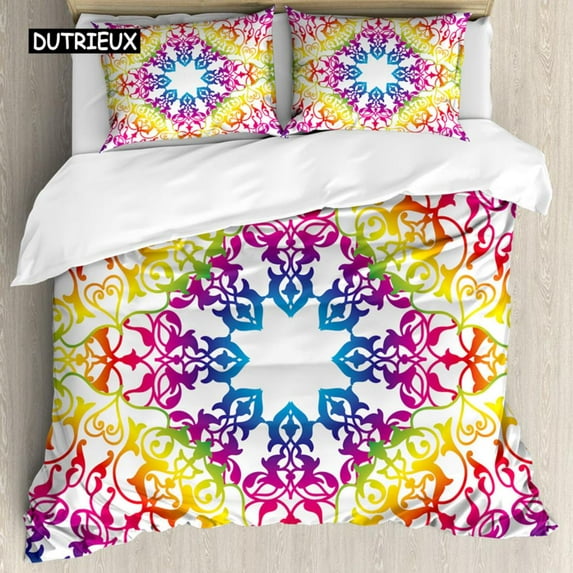Mandala Duvet Cover Set Boho Style Ethnic Colorful Spring Garden Themed Multicolor Polyester Bedding