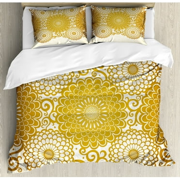 Mandala Duvet Cover Set, Border with Large Flowers and Curls Chrysanthemums Peonies Rococo Style, Decorative 3 Piece Bedding Set with 2 Pillow Shams, Calking Size, Eggshell Earth Yellow, by Ambesonne