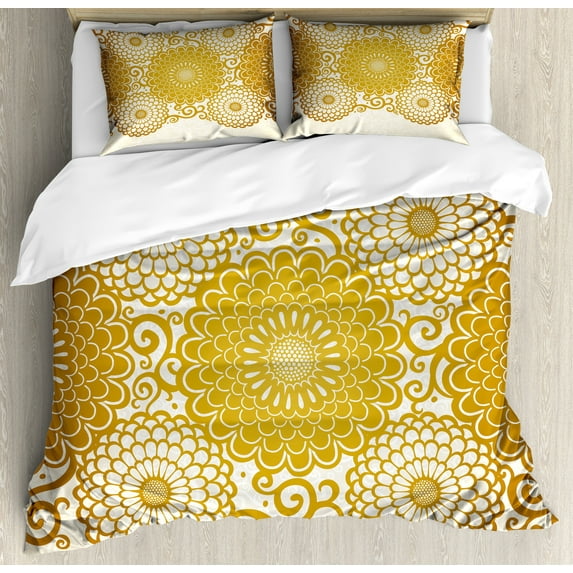 Mandala Duvet Cover Set, Border with Large Flowers and Curls Chrysanthemums Peonies Rococo Style, Decorative 3 Piece Bedding Set with 2 Pillow Shams, Calking Size, Eggshell Earth Yellow, by Ambesonne