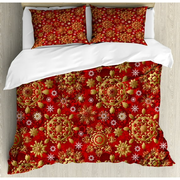 Mandala Duvet Cover Set, Christmas New Year Ornaments Inspired Floral Design, Decorative 3 Piece Bedding Set with 2 Pillow Shams, King Size, Earth Yellow Vermilion, by Ambesonne