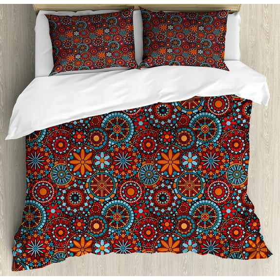 Mandala Duvet Cover Set, Circular Floral Cosmos Moroccan Design, Decorative 3 Piece Bedding Set with 2 Pillow Shams, King Size, Vermilion Ruby Sky Blue, by Ambesonne