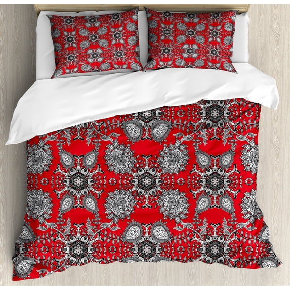 Mandala Duvet Cover Set, Doodle Mandala Flower Ivy Swirls Classic Paisley Design Image, Decorative 3 Piece Bedding Set with 2 Pillow Shams, King Size, Scarlet White Black, by Ambesonne