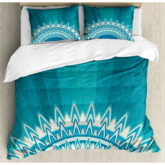 Mandala Duvet Cover Set, Eastern Culture Circle Symbolizing Universe Hippie Yoga Motif, Decorative 3 Piece Bedding Set with 2 Pillow Shams, Calking Size, Petrol Blue Off White, by Ambesonne