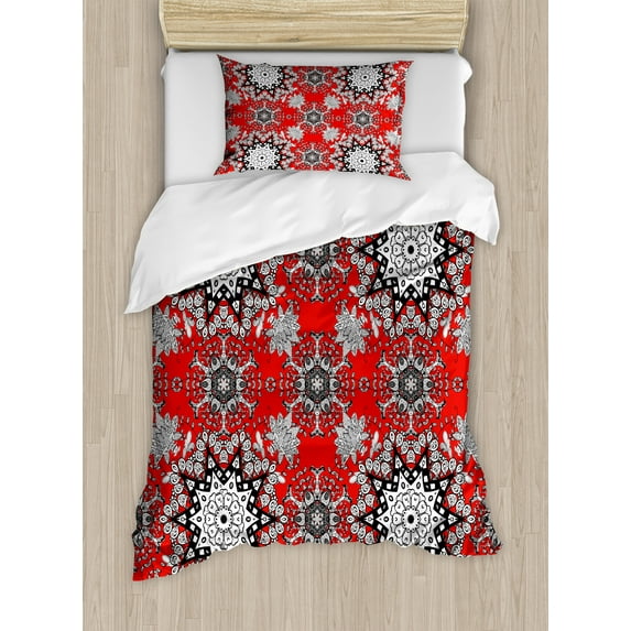 Mandala Duvet Cover Set, Floral Swirls Leaves Lace Seem Hand Drawn Image Illustration, Decorative 2 Piece Bedding Set with 1 Pillow Shams, Twin Size, Scarlet White, by Ambesonne