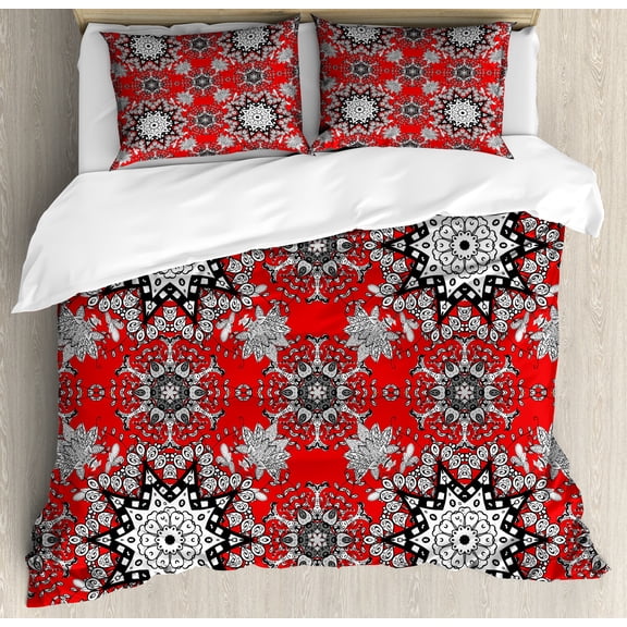 Mandala Duvet Cover Set, Floral Swirls Leaves Lace Seem Hand Drawn Image Illustration, Decorative 3 Piece Bedding Set with 2 Pillow Shams, Calking Size, Scarlet White, by Ambesonne