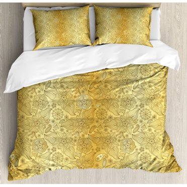 Mandala Duvet Cover Set, Flourish Pattern with Paisley Botanical Garden Curvy Persian Fashion, Decorative 3 Piece Bedding Set with 2 Pillow Shams, Queen Size, Yellow and Pale Yellow, by Ambesonne