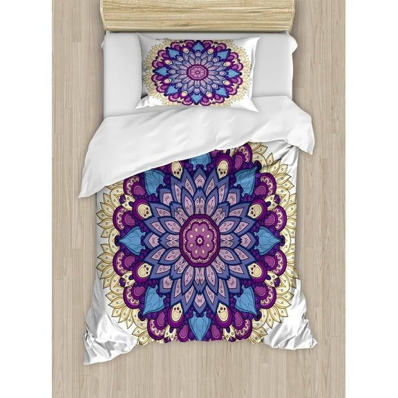 Mandala Duvet Cover Set, Flower Shaped Universe Chart with Color Contours Occult Esoteric Folk Image, Decorative 2 Piece Bedding Set with 1 Pillow Shams, Twin Size, Purple Yellow, by Ambesonne