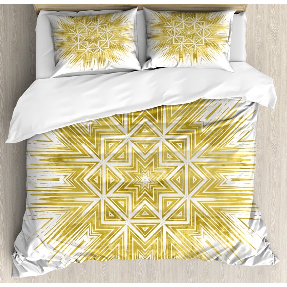Mandala Duvet Cover Set, Geometric Elements Vintage Vivid Motif Oriental Style, Decorative 3 Piece Bedding Set with 2 Pillow Shams, Queen Size, Yellow and White, by Ambesonne