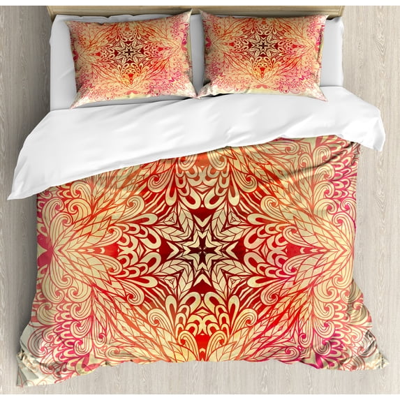 Mandala Duvet Cover Set, Hand Drawn Ombre Doodle Style Flowers Swirls Ivy in Square Shape Image, Decorative 3 Piece Bedding Set with 2 Pillow Shams, Calking Size, Pink Yellow and White, by Ambesonne
