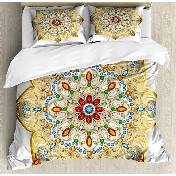 Mandala Duvet Cover Set King Size, Brooch Inspired Design Mandala Geometric Vintage Design Lively Figure Digital Print, Decorative 3 Piece Bedding Set with 2 Pillow Shams, Multicolor, by Ambesonne