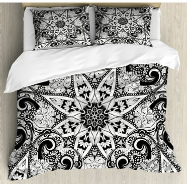Mandala Duvet Cover Set King Size, Ethnic Eastern Style Lace Like Universe Pattern with Middle Eastern Effects Print, Decorative 3 Piece Bedding Set with 2 Pillow Shams, Black White, by Ambesonne