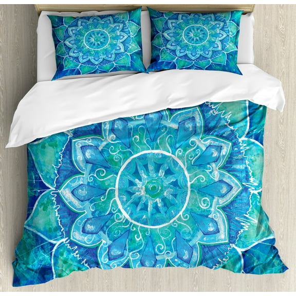 Mandala Duvet Cover Set King Size, Hand Drawn Style Ancient Symbol with Grungy Modern Art Design, Decorative 3 Piece Bedding Set with 2 Pillow Shams, Blue Pale Blue and Sea Green, by Ambesonne