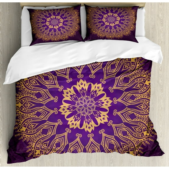 Mandala Duvet Cover Set King Size, Round Bohemian Arabesque Motif Leaves Figure Folkloric Ethnic Print, Decorative 3 Piece Bedding Set with 2 Pillow Shams, Violet Purple and Yellow, by Ambesonne