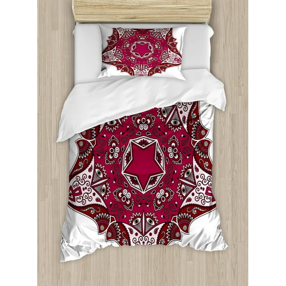 Mandala Duvet Cover Set, Maroon Universe and Bohemian with Effects Locus Traditional Artwork Medallion Print, Decorative 2 Piece Bedding Set with 1 Pillow Shams, Twin Size, Red, by Ambesonne