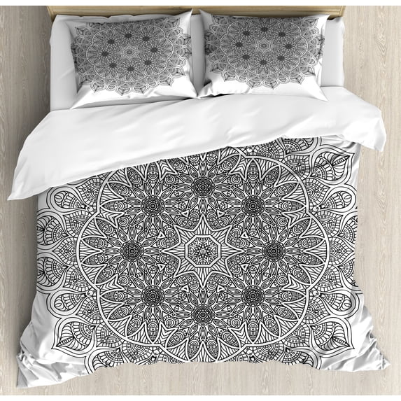 Mandala Duvet Cover Set, Monochrome Pattern and Heritage Oriental Inspired Cosmos Art, Decorative 3 Piece Bedding Set with 2 Pillow Shams, Queen Size, Black, by Ambesonne