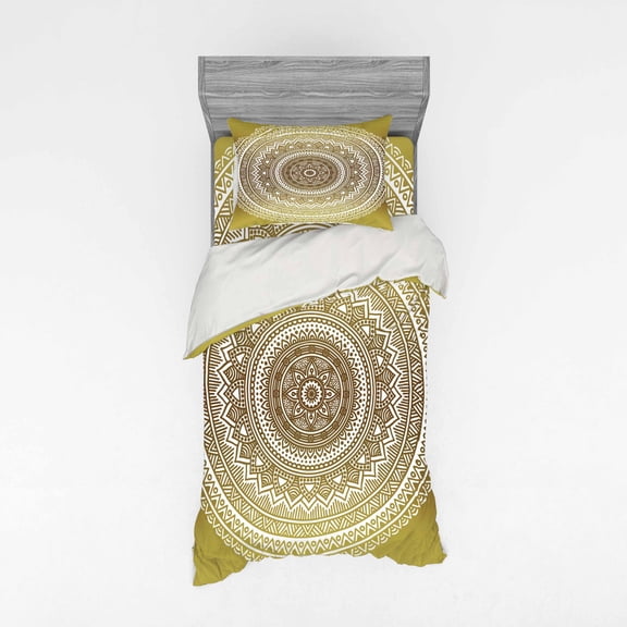 Mandala Duvet Cover Set, Ombre Mandala Flower Pattern Queen Inspired Prints Hippie Design, Bedding Set with Shams and Fitted Sheet, 3 Sizes, by Ambesonne