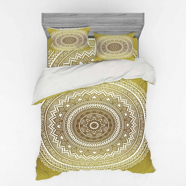 Mandala Duvet Cover Set, Ombre Mandala Flower Pattern Queen Inspired Prints Hippie Design, Bedding Set with Shams and Fitted Sheet, 3 Sizes, by Ambesonne