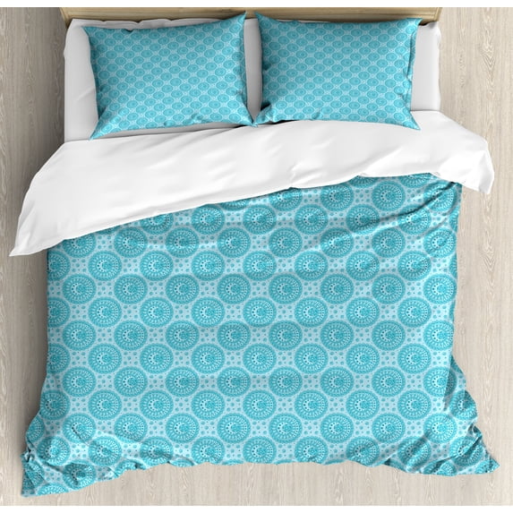 Mandala Duvet Cover Set, Oriental Cosmos Symbols Yoga Circles Lacy Bohemian Motif, Decorative 3 Piece Bedding Set with 2 Pillow Shams, Queen Size, Dark Seafoam Pale Blue, by Ambesonne
