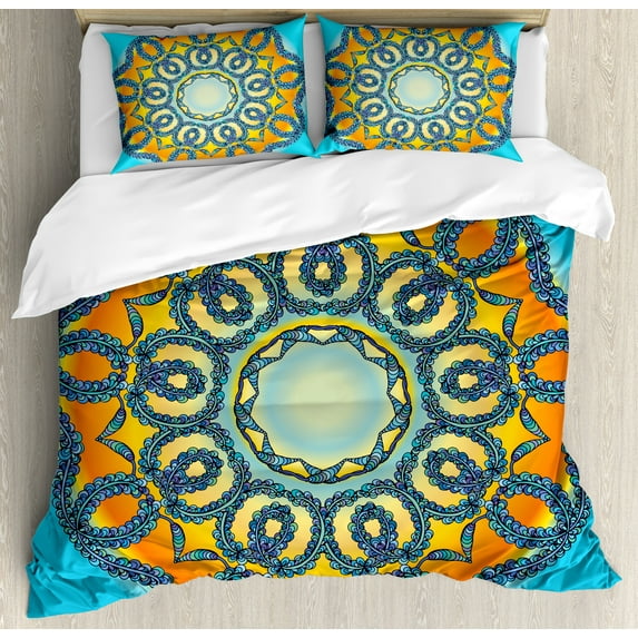 Mandala Duvet Cover Set, Oriental Details Traditional Mandala with Interlace Swirled Theme, Decorative 3 Piece Bedding Set with 2 Pillow Shams, King Size, Orange and Blue, by Ambesonne