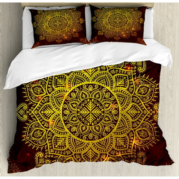 Mandala Duvet Cover Set, Ornamental Snowflake Floral Traditional Oriental Graphic Art, Decorative 3 Piece Bedding Set with 2 Pillow Shams, Queen Size, Yellow Brown, by Ambesonne
