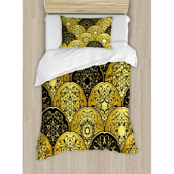 Mandala Duvet Cover Set, Overlapping Round Shapes Scale Retro Revival Fashion with Art Elements, Decorative 2 Piece Bedding Set with 1 Pillow Shams, Twin Size, Yellow and Black, by Ambesonne