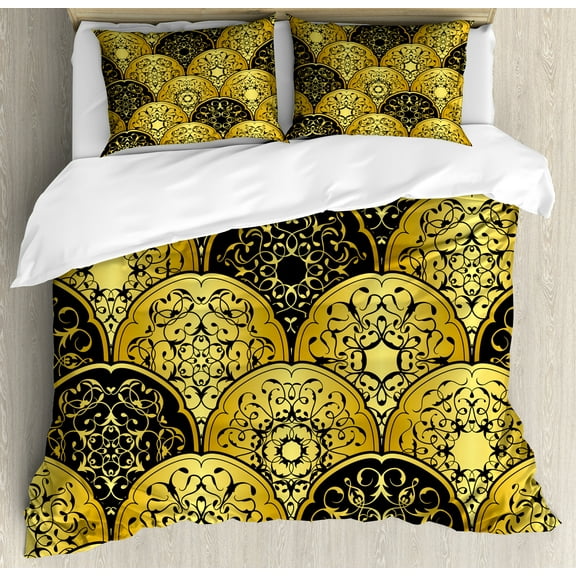 Mandala Duvet Cover Set, Overlapping Round Shapes Scale Retro Revival Fashion with Art Elements, Decorative 3 Piece Bedding Set with 2 Pillow Shams, Calking Size, Yellow and Black, by Ambesonne