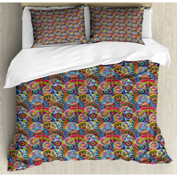 Mandala Duvet Cover Set Queen Size, Colorful Abstract Sixties Inspired Ethnic Pattern Flower Design with Stripes Lines, Decorative 3 Piece Bedding Set with 2 Pillow Shams, Multicolor, by Ambesonne