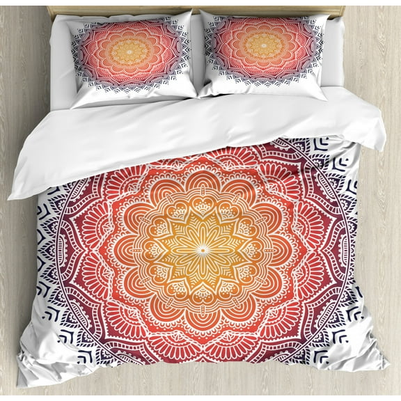 Mandala Duvet Cover Set Queen Size, Geometric National Kaleidoscope Motif with Gradient Tone Effects Petal Heart Forms, Decorative 3 Piece Bedding Set with 2 Pillow Shams, Multicolor, by Ambesonne