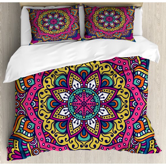 Mandala Duvet Cover Set Queen Size, Lively Colored Abstract Motif Inspired by Asian Cultures Floral Symbol of Cosmos, Decorative 3 Piece Bedding Set with 2 Pillow Shams, Multicolor, by Ambesonne