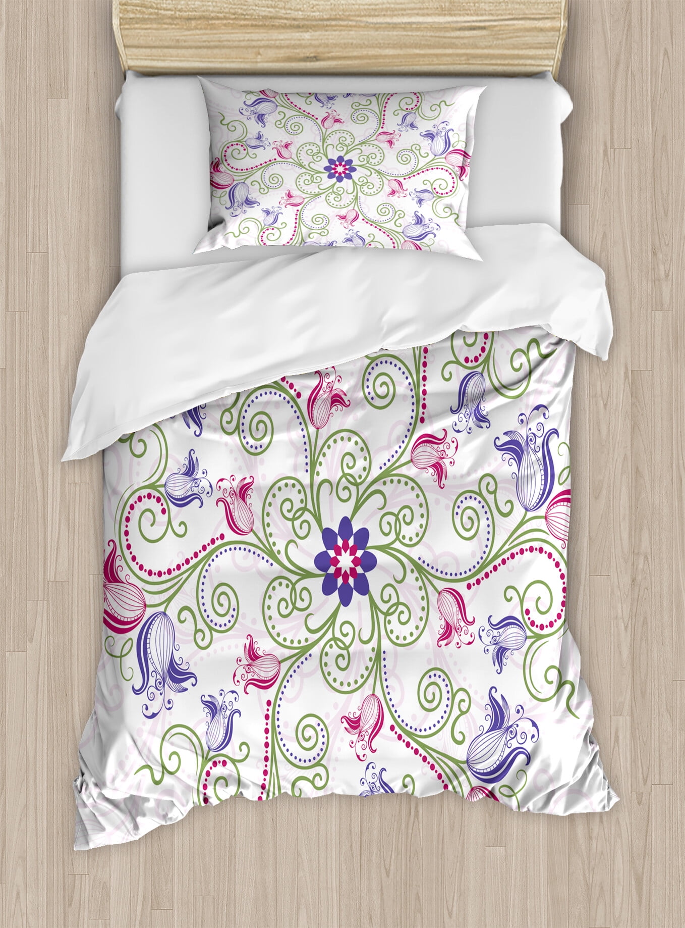 Twin Purple White Green Floral Duvet Cover Set