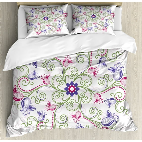 Mandala Duvet Cover Set, Round Flower Frame Design Classical Vintage Floral Art Ottoman Tulips, Decorative 3 Piece Bedding Set with 2 Pillow Shams, Queen Size, Purple White Green, by Ambesonne