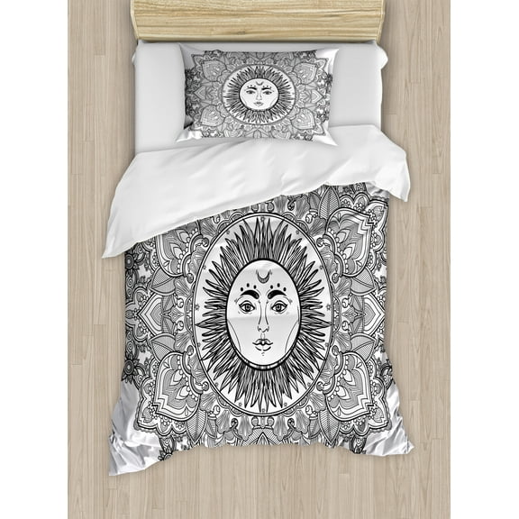 Mandala Duvet Cover Set, Sun Illustration Yantra Mandala Floral Pattern Bohemian, Decorative 2 Piece Bedding Set with 1 Pillow Shams, Twin Size, White and Black, by Ambesonne