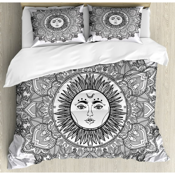 Mandala Duvet Cover Set, Sun Illustration Yantra Mandala Floral Pattern Bohemian, Decorative 3 Piece Bedding Set with 2 Pillow Shams, Calking Size, White and Black, by Ambesonne