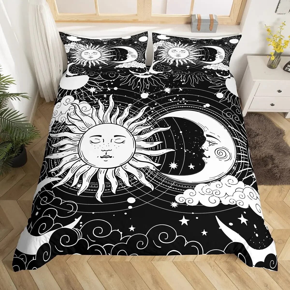 Mandala Duvet Cover Set Sun and Moon Comforter Cover Ties Exotic Style Black and White Botanical
