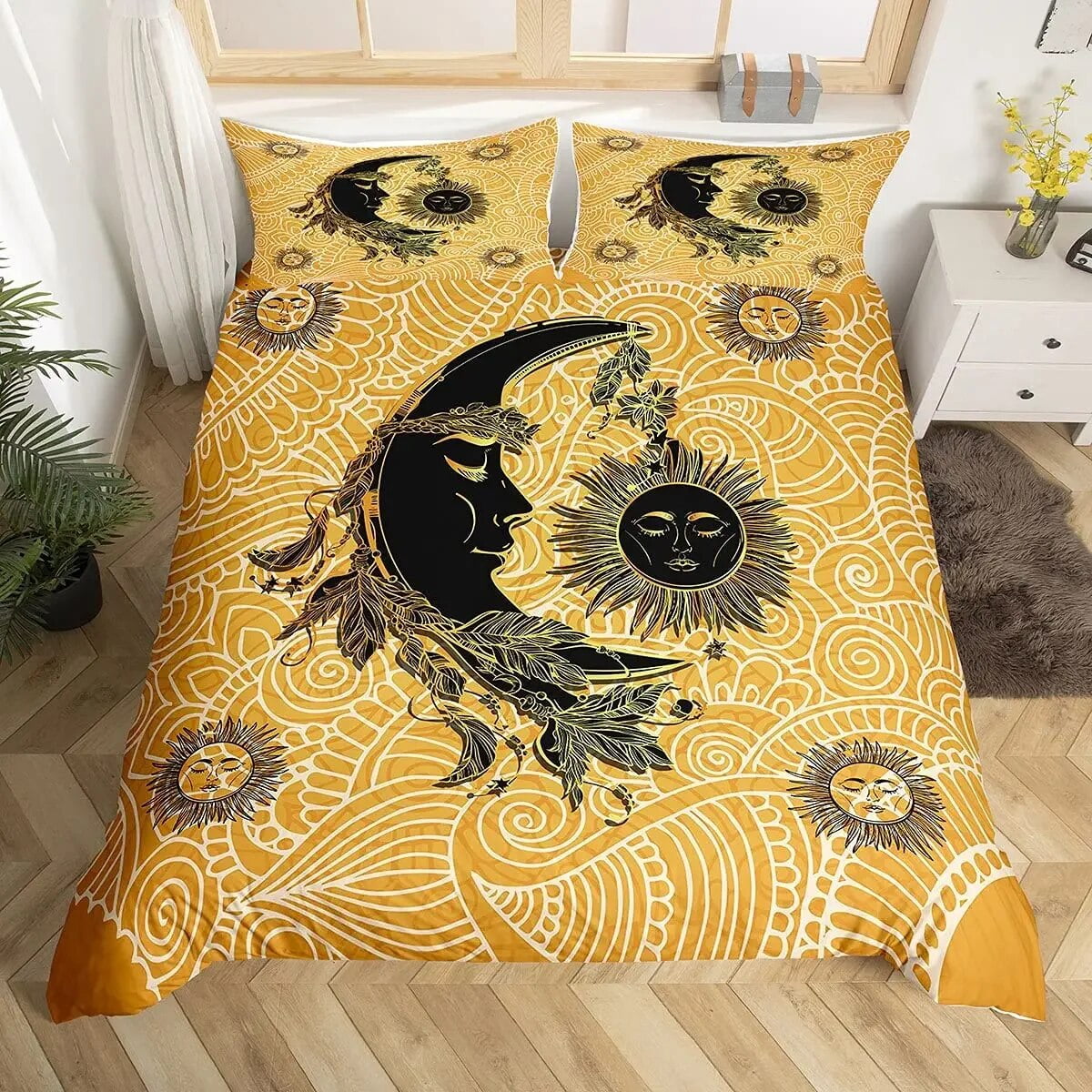 Mandala Duvet Cover Set Sun and Moon Comforter Cover Ties Exotic Style Black and White Botanical