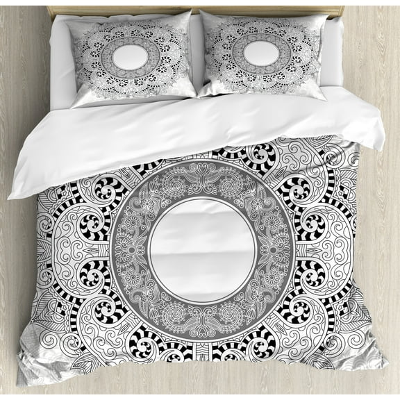 Mandala Duvet Cover Set, Traditional Design with Ornamental Circle Flower Eastern Image, Decorative 3 Piece Bedding Set with 2 Pillow Shams, King Size, Black and White, by Ambesonne