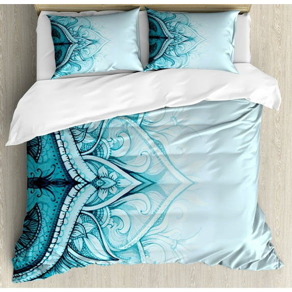 Mandala Duvet Cover Set, Traditional Ornamental Lace Border with Swirled Flower Lines Eastern Folk Art, Decorative 3 Piece Bedding Set with 2 Pillow Shams, Queen Size, Aqua, by Ambesonne