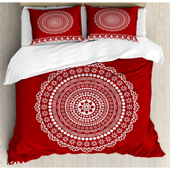 Mandala Duvet Cover Set, Traditional Paisley Design with Side Frame Borders Image Illustration, Decorative 3 Piece Bedding Set with 2 Pillow Shams, Calking Size, Burgundy White, by Ambesonne