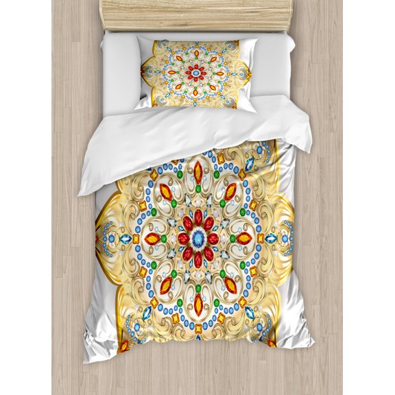 Mandala Duvet Cover Set Twin Size, Brooch Inspired Design Mandala Geometric Vintage Design Lively Figure Digital Print, Decorative 2 Piece Bedding Set with 1 Pillow Sham, Multicolor, by Ambesonne