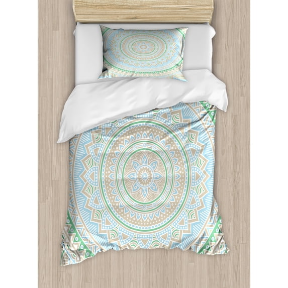 Mandala Duvet Cover Set Twin Size, Pastel Colored Eastern Design Elements Blooming Persian Flower Motif Illustration, Decorative 2 Piece Bedding Set with 1 Pillow Sham, Multicolor, by Ambesonne