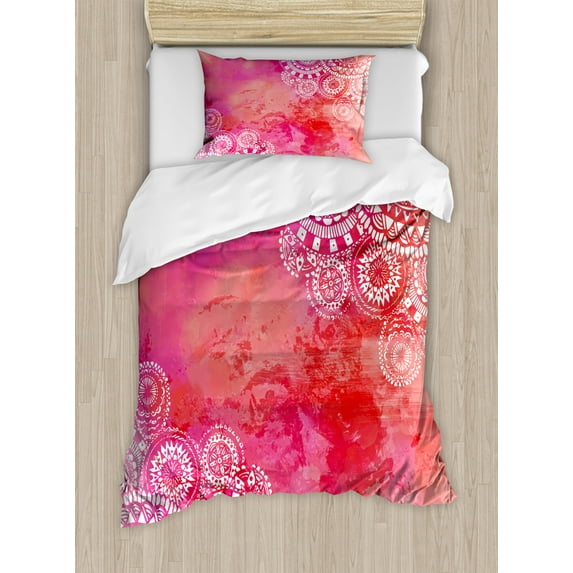 Mandala Duvet Cover Set Twin Size, Pink Watercolor Paint Background with White Hand Drawn Doodles Asian Motifs, Decorative 2 Piece Bedding Set with 1 Pillow Sham, Pink Coral White, by Ambesonne