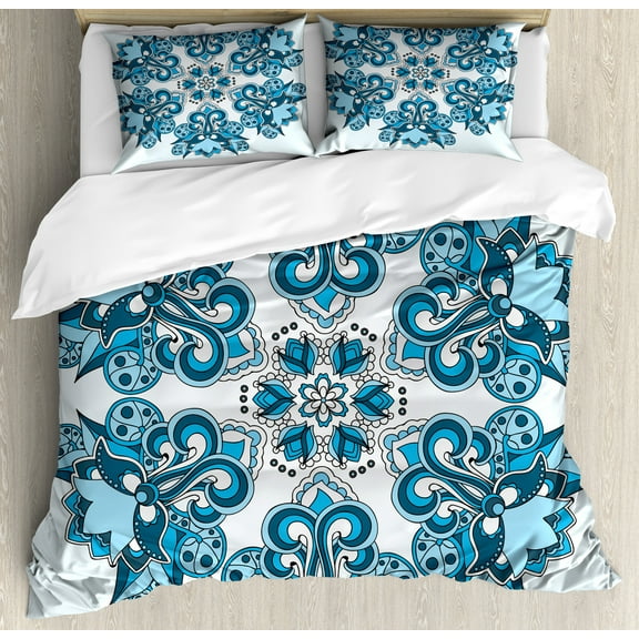 Mandala Duvet Cover Set, Universe Floral Oriental Cultural Folk Art Pattern Print, Decorative 3 Piece Bedding Set with 2 Pillow Shams, Calking Size, Sky Blue Bluegrey, by Ambesonne