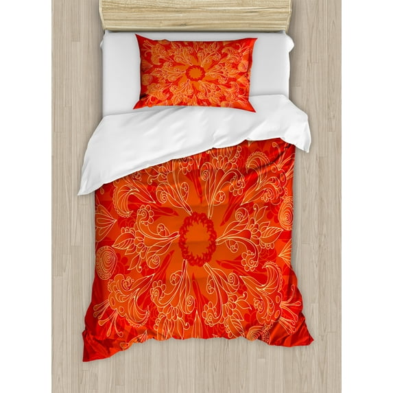 Mandala Duvet Cover Set, Vibrant Colored Doodle Style Nature Romantic Abstract Bouquet Art, Decorative 2 Piece Bedding Set with 1 Pillow Shams, Twin Size, Scarlet Orange, by Ambesonne