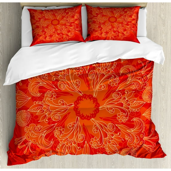 Mandala Duvet Cover Set, Vibrant Colored Doodle Style Nature Romantic Abstract Bouquet Art, Decorative 3 Piece Bedding Set with 2 Pillow Shams, King Size, Scarlet Orange, by Ambesonne