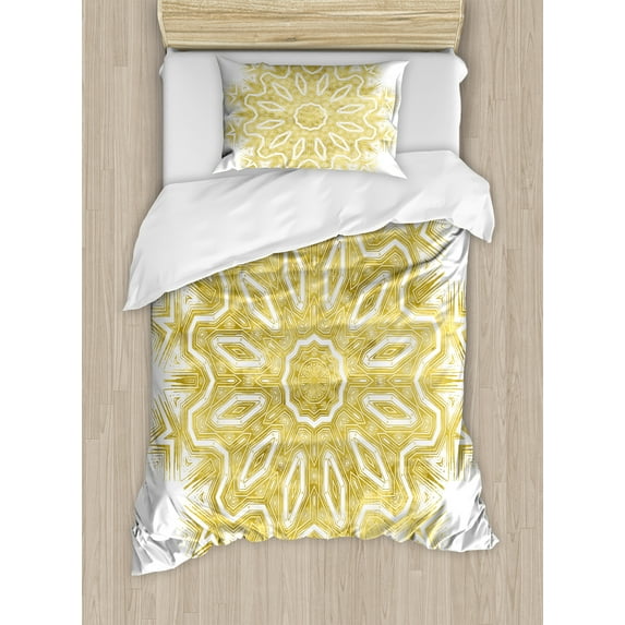 Mandala Duvet Cover Set, Vibrant Oriental Motif in Modern Design Geometric Eastern Moroccan Royal, Decorative 2 Piece Bedding Set with 1 Pillow Shams, Twin Size, Pale Yellow and White, by Ambesonne
