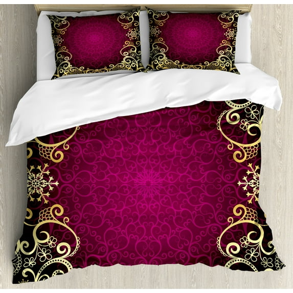 Mandala Duvet Cover Set, Vintage Frame with Curls Snowflake Motifs Abstract Retro, Decorative 3 Piece Bedding Set with 2 Pillow Shams, Queen Size, Pale Yellow Fuchsia, by Ambesonne