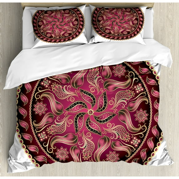 Mandala Duvet Cover Set, Vintage Mandala Pattern Higher Level of Balance Eternity Concept, Decorative 3 Piece Bedding Set with 2 Pillow Shams, Calking Size, Magenta and Yellow, by Ambesonne