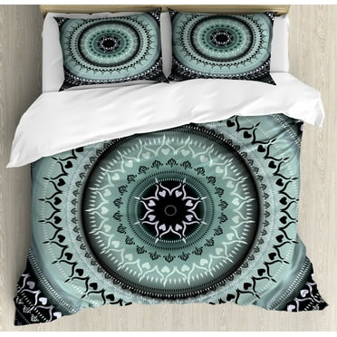 Mandala Duvet Cover Set, Vintage Yantra with Lines Path of Soul Inner Peace Energy Cosmos Design, Decorative 3 Piece Bedding Set with 2 Pillow Shams, Calking Size, Blue Black, by Ambesonne