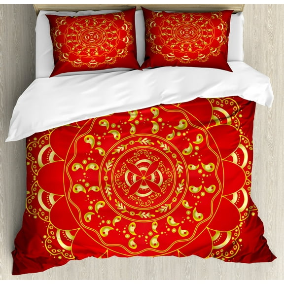 Ambesonne Mandala Duvet Cover Set, Ottoman Art Ornament Hand, 2-Calking, Yellow Red