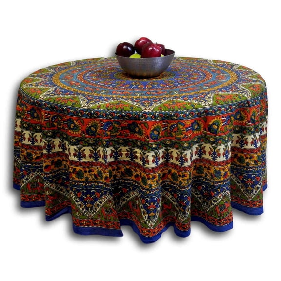 Mandala Elephant Print Cotton Floral Tablecloth Round 76 inches Blue Red Gold